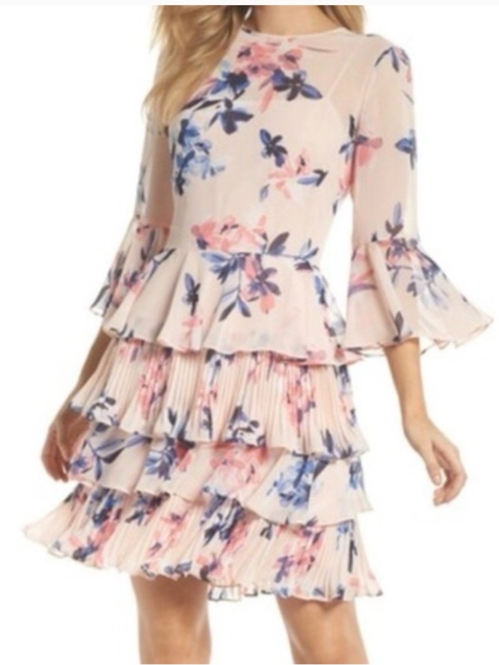 Eliza J. Floral Tiered Ruffle Party Mini Dress with Bell Sleeves - Blush Pink